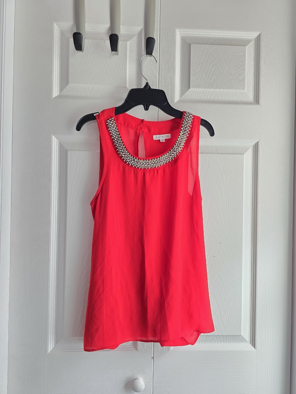 Socialite Bright Red Embellished Neckline Sleeveless Blouse Size XS